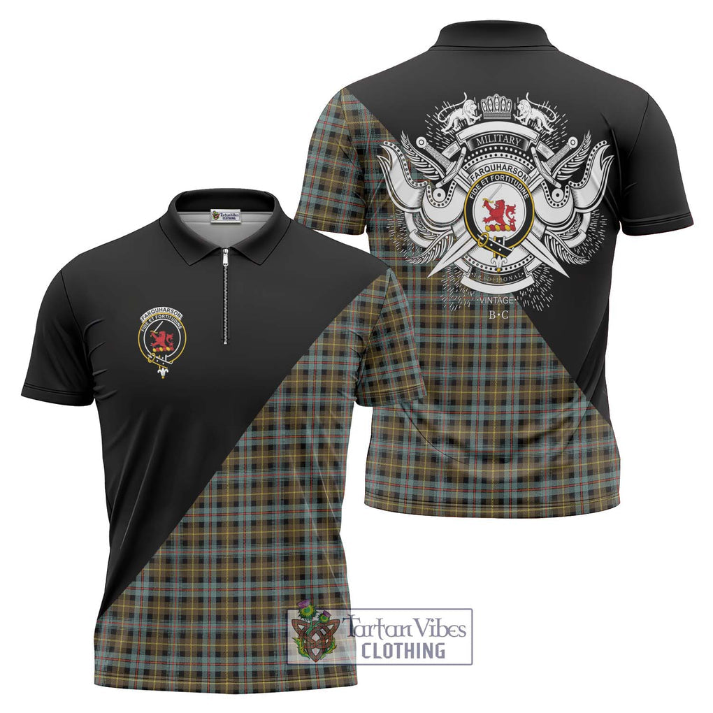 Farquharson Weathered Tartan Zipper Polo Shirt with Family Crest and Military Logo Style Unisex - Tartanvibesclothing Shop