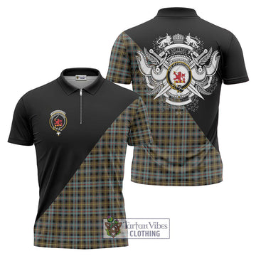 Farquharson Weathered Tartan Zipper Polo Shirt with Family Crest and Military Logo Style