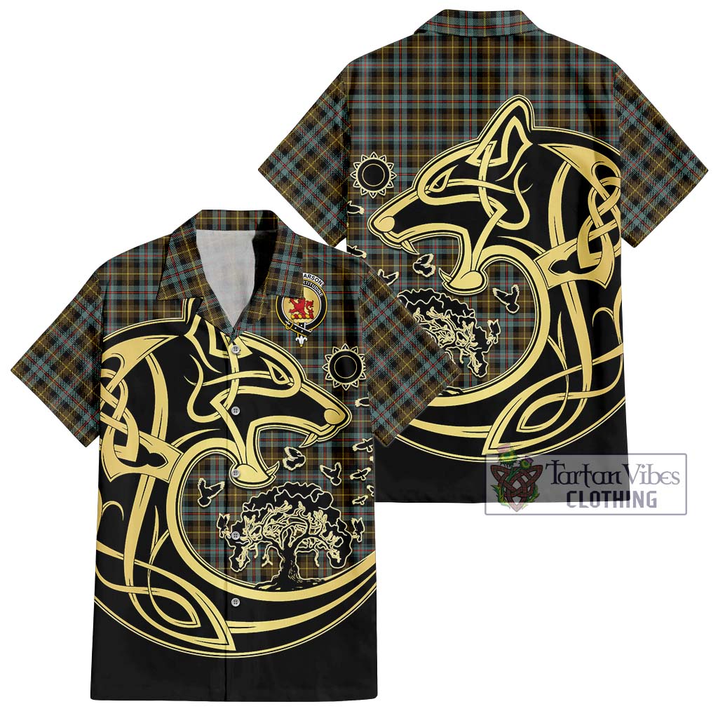 Tartan Vibes Clothing Farquharson Weathered Tartan Short Sleeve Button Shirt with Family Crest Celtic Wolf Style