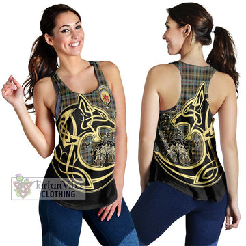 Farquharson Weathered Tartan Women's Racerback Tanks with Family Crest Celtic Wolf Style