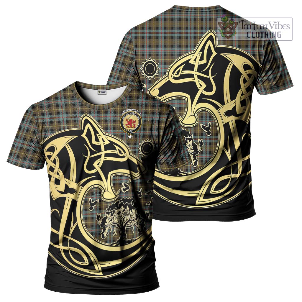 Tartan Vibes Clothing Farquharson Weathered Tartan T-Shirt with Family Crest Celtic Wolf Style