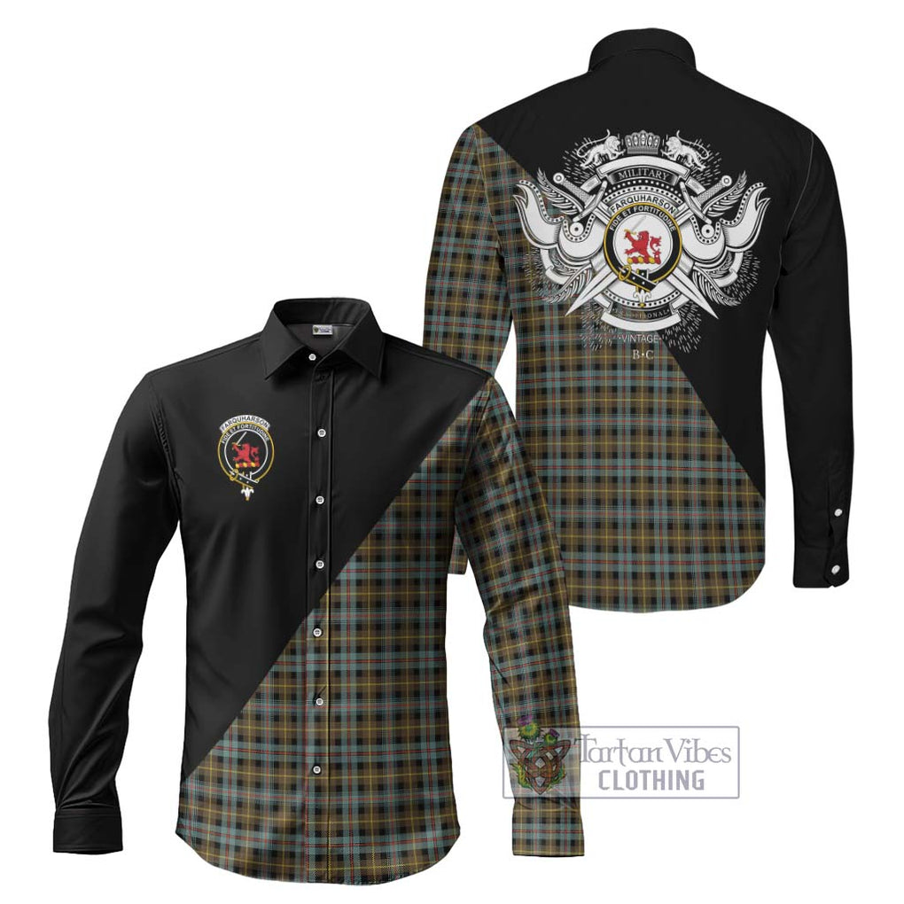 Farquharson Weathered Tartan Long Sleeve Button Shirt with Family Crest and Military Logo Style Men's Shirt S - Tartanvibesclothing Shop