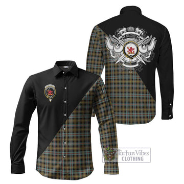 Farquharson Weathered Tartan Long Sleeve Button Shirt with Family Crest and Military Logo Style