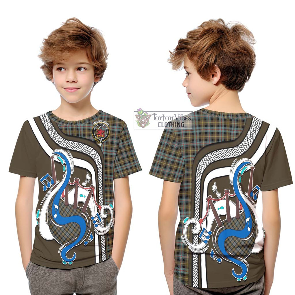 Tartan Vibes Clothing Farquharson Weathered Tartan Kid T-Shirt with Epic Bagpipe Style