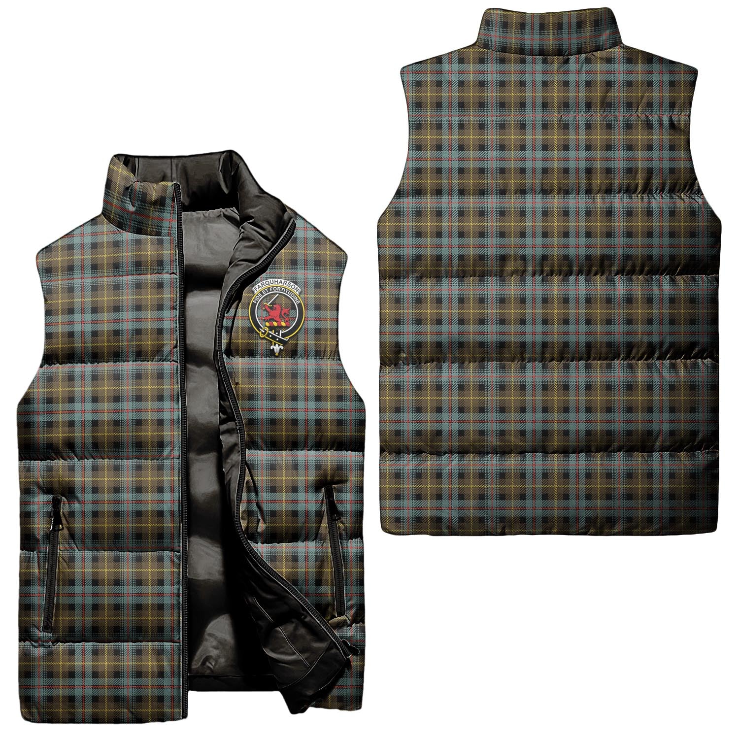 Farquharson Weathered Tartan Sleeveless Puffer Jacket with Family Crest Unisex - Tartanvibesclothing