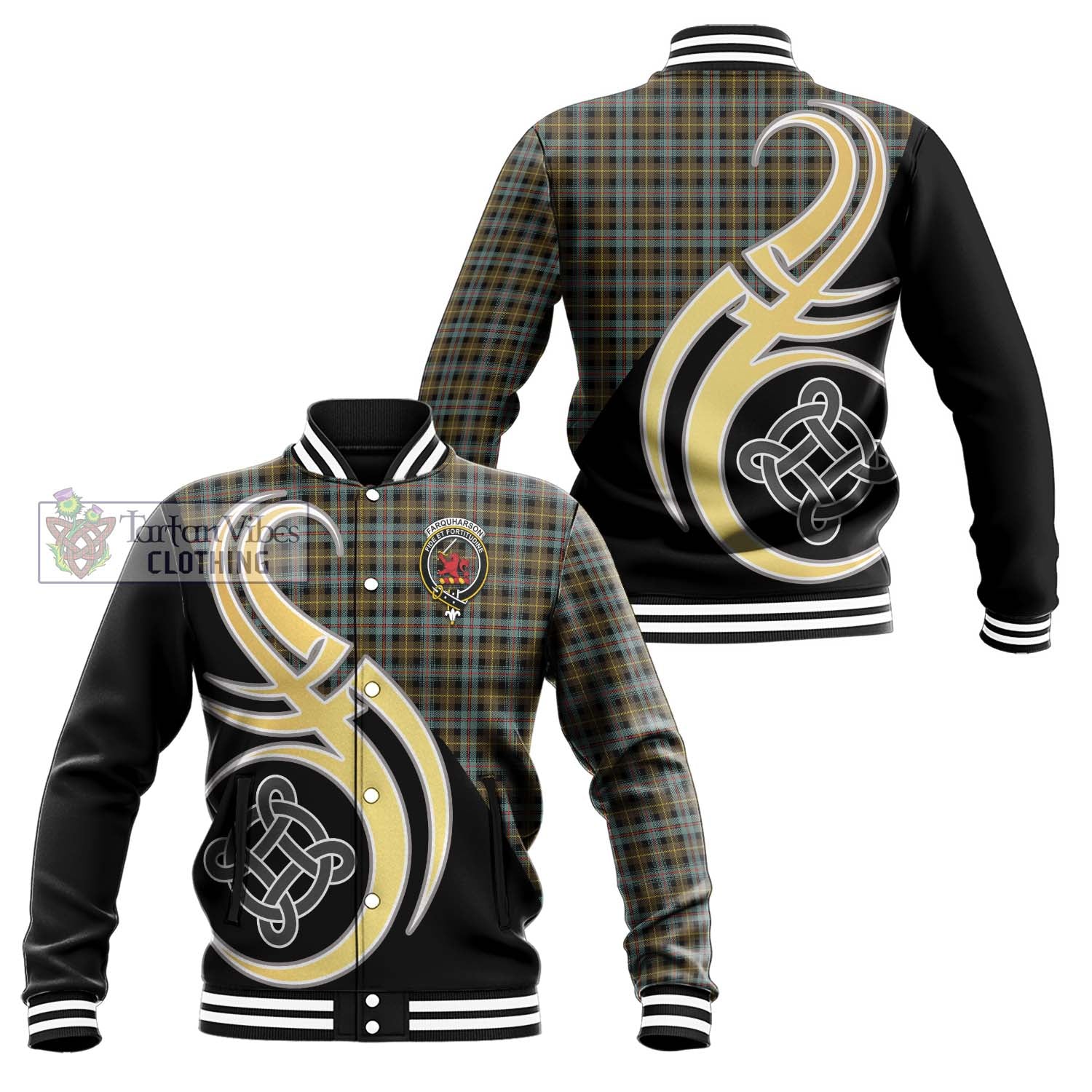 Tartan Vibes Clothing Farquharson Weathered Tartan Baseball Jacket with Family Crest and Celtic Symbol Style