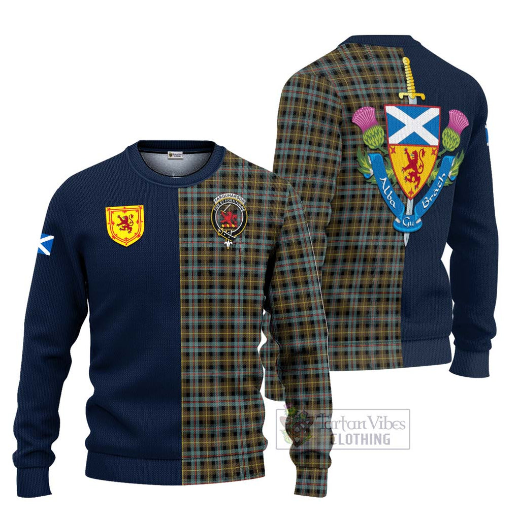 Tartan Vibes Clothing Farquharson Weathered Tartan Knitted Sweater with Scottish Lion Royal Arm Half Style