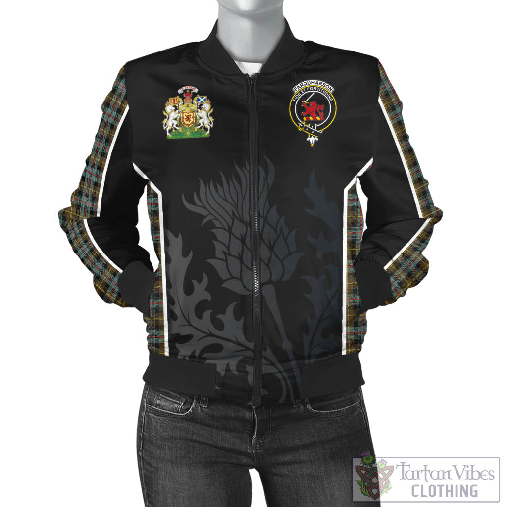 Tartan Vibes Clothing Farquharson Weathered Tartan Bomber Jacket with Family Crest and Scottish Thistle Vibes Sport Style