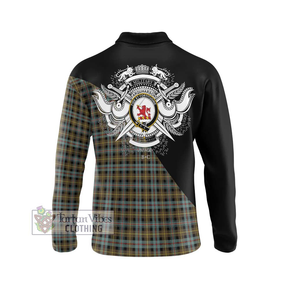 Farquharson Weathered Tartan Long Sleeve Polo Shirt with Family Crest and Military Logo Style - Tartanvibesclothing Shop