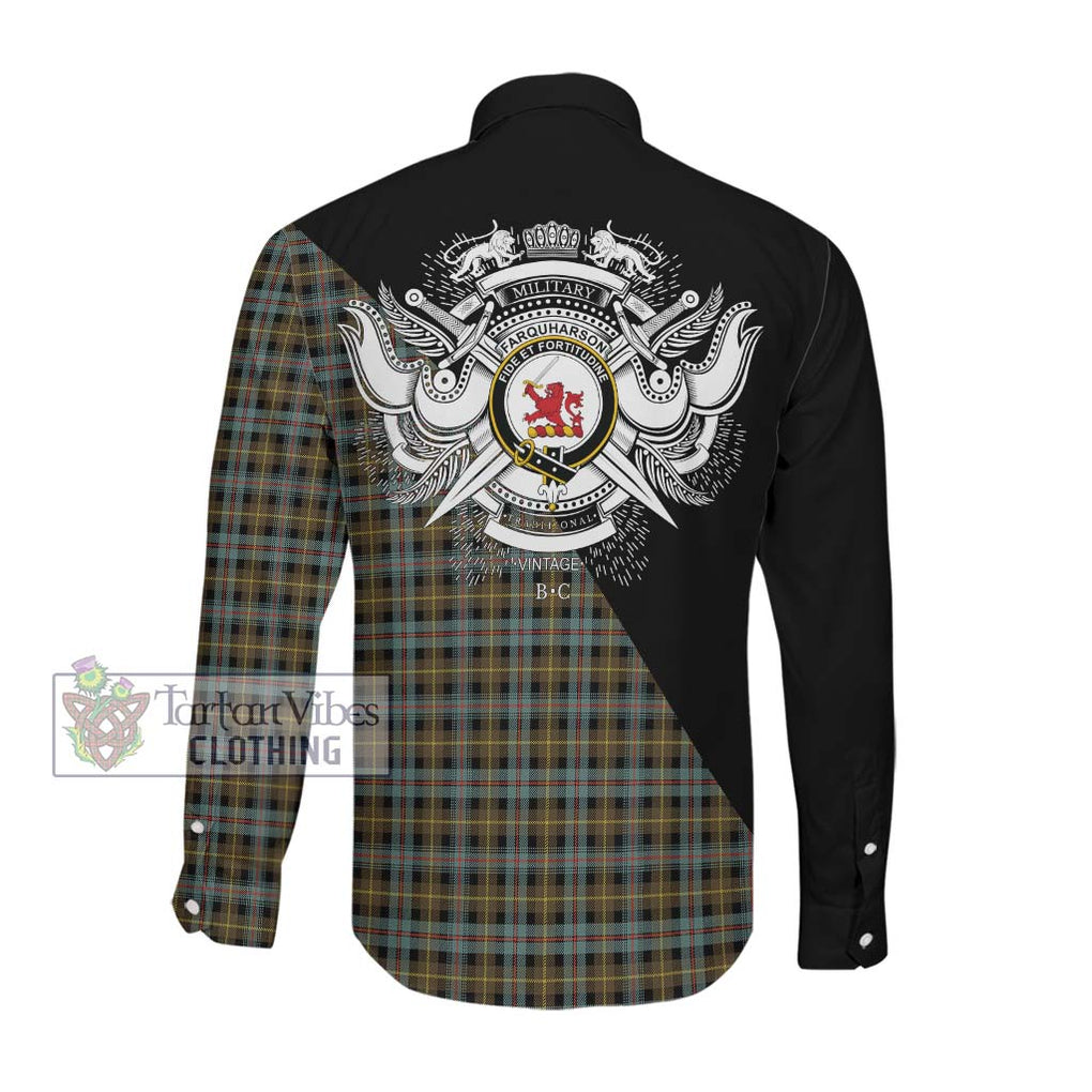 Farquharson Weathered Tartan Long Sleeve Button Shirt with Family Crest and Military Logo Style Men's Shirt - Tartanvibesclothing Shop