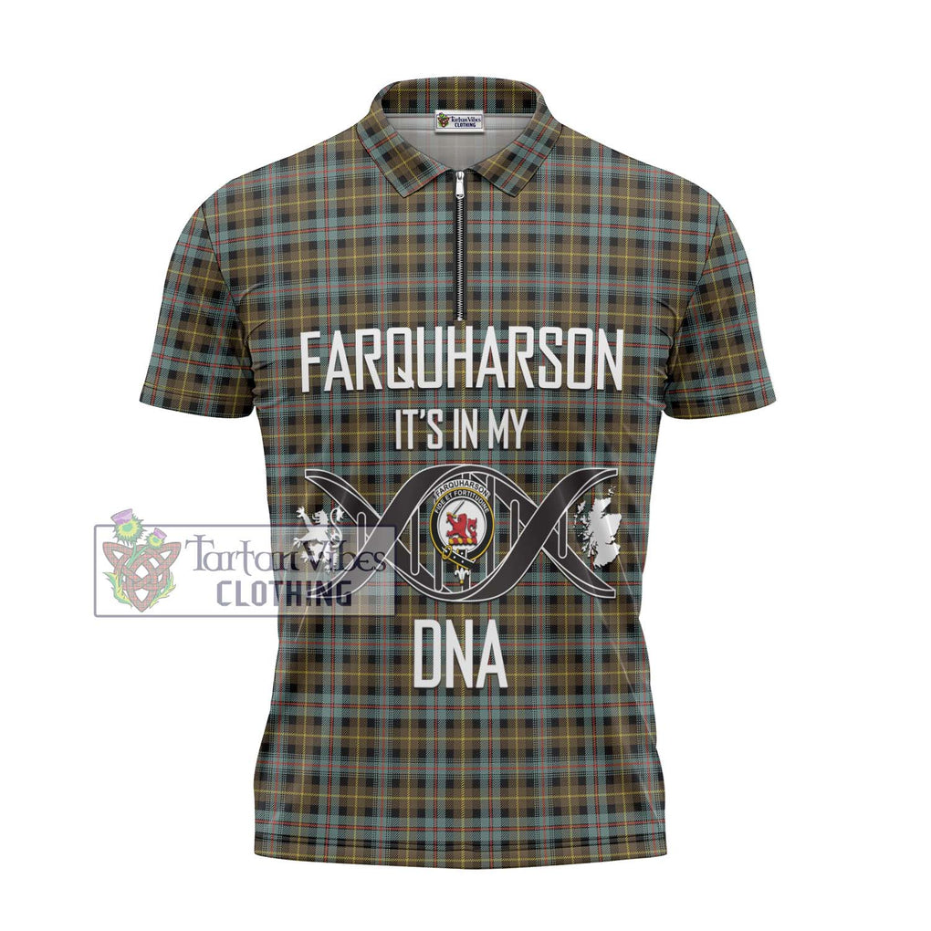 Farquharson Weathered Tartan Zipper Polo Shirt with Family Crest DNA In Me Style - Tartanvibesclothing Shop