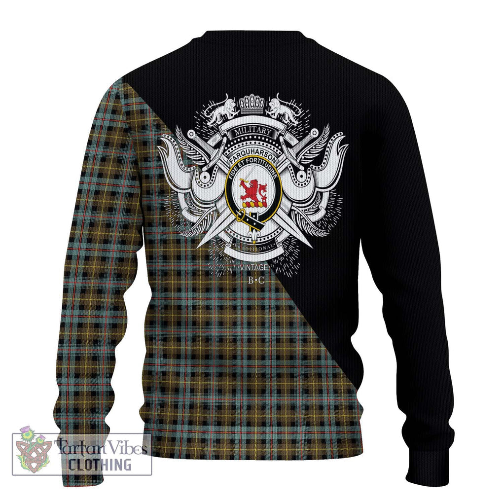 Farquharson Weathered Tartan Knitted Sweater with Family Crest and Military Logo Style - Tartanvibesclothing Shop