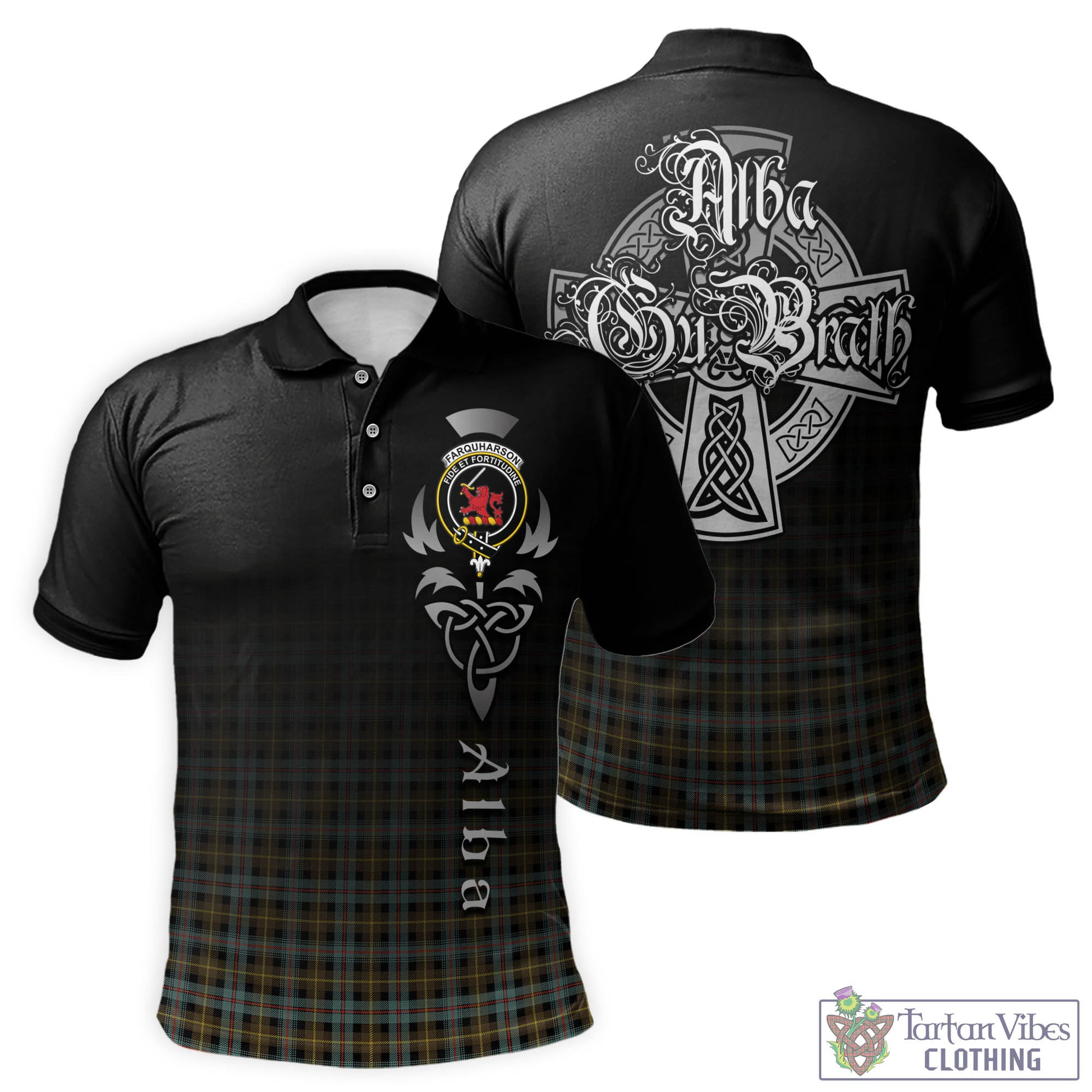 Tartan Vibes Clothing Farquharson Weathered Tartan Polo Shirt Featuring Alba Gu Brath Family Crest Celtic Inspired