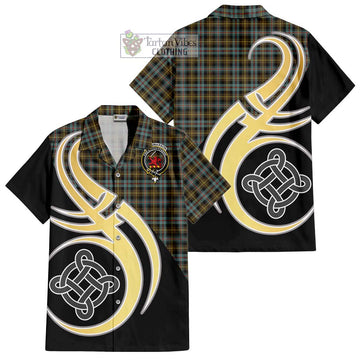 Farquharson Weathered Tartan Short Sleeve Button Shirt with Family Crest and Celtic Symbol Style