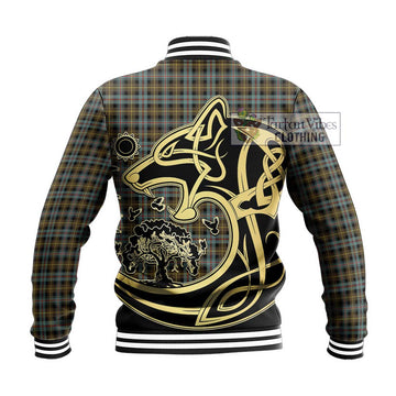 Farquharson Weathered Tartan Baseball Jacket with Family Crest Celtic Wolf Style