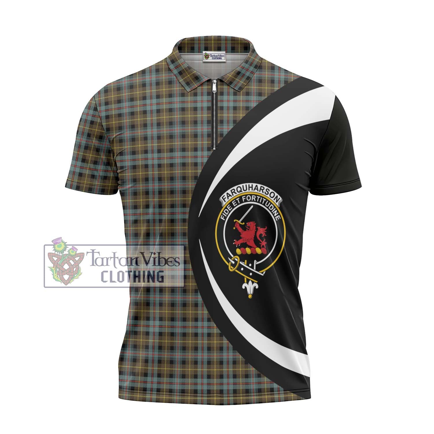 Tartan Vibes Clothing Farquharson Weathered Tartan Zipper Polo Shirt with Family Crest Circle Style