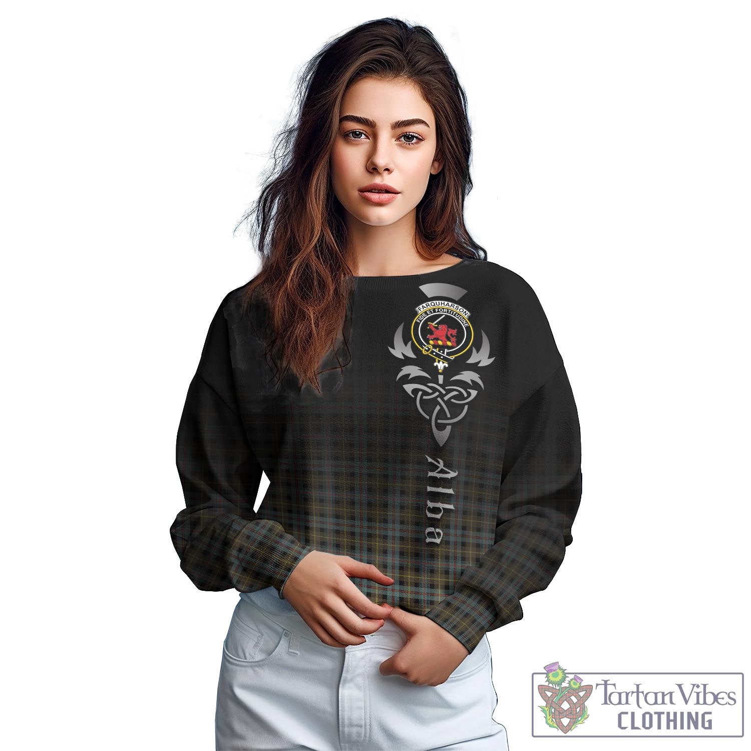 Tartan Vibes Clothing Farquharson Weathered Tartan Sweatshirt Featuring Alba Gu Brath Family Crest Celtic Inspired