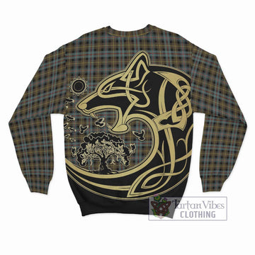 Farquharson Weathered Tartan Sweatshirt with Family Crest Celtic Wolf Style