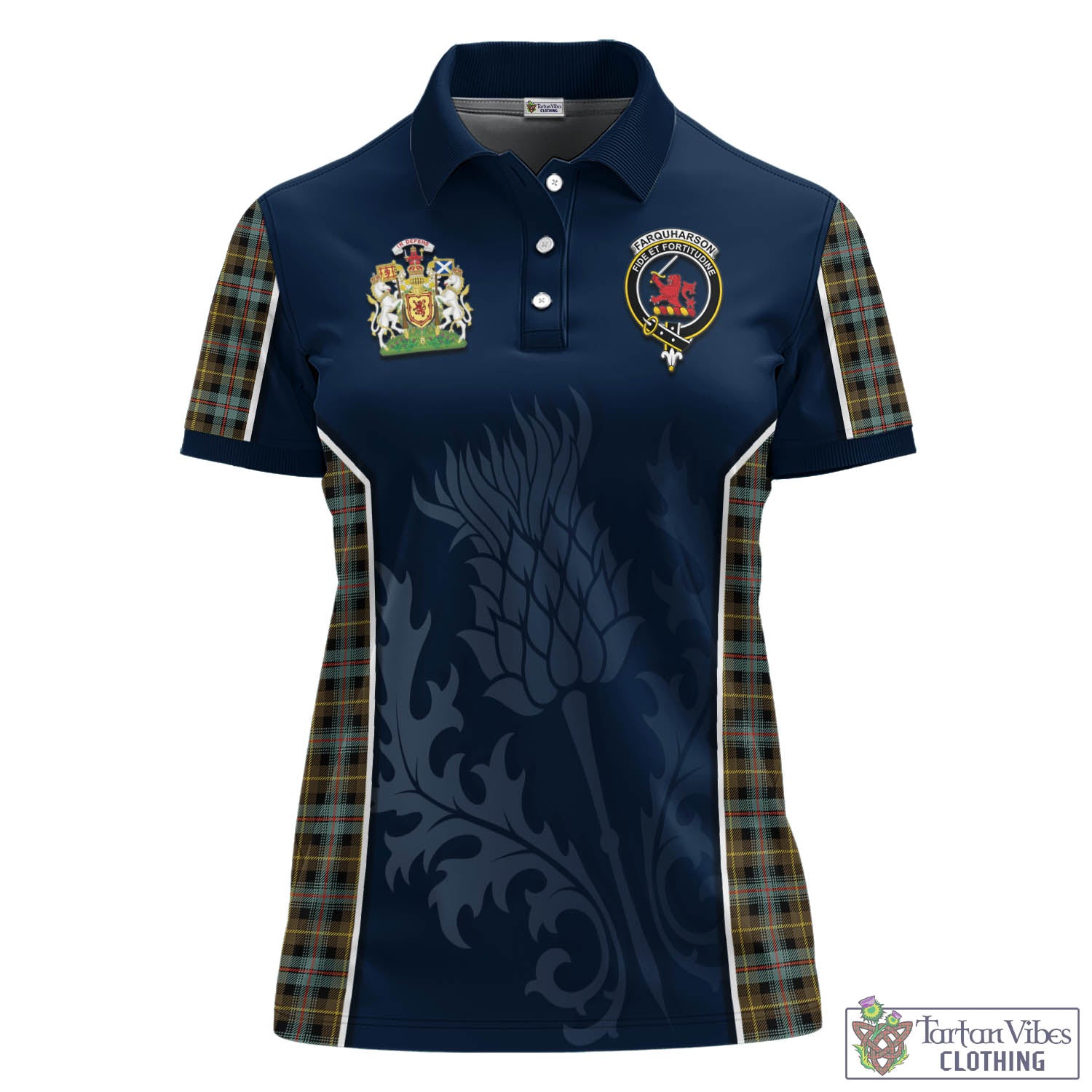 Tartan Vibes Clothing Farquharson Weathered Tartan Women's Polo Shirt with Family Crest and Scottish Thistle Vibes Sport Style