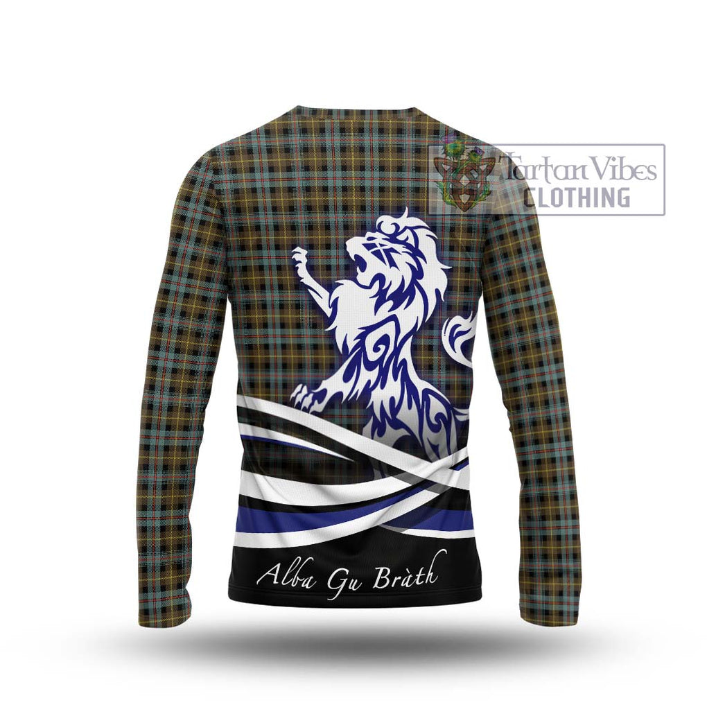 Farquharson Weathered Tartan Long Sleeve T-Shirt with Alba Gu Brath Regal Lion Emblem - Tartanvibesclothing Shop