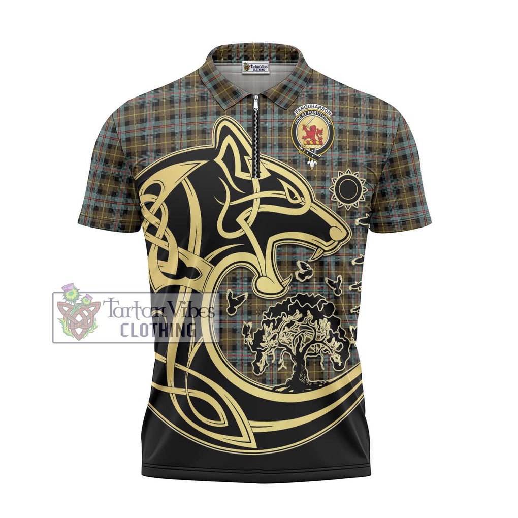 Farquharson Weathered Tartan Zipper Polo Shirt with Family Crest Celtic Wolf Style - Tartanvibesclothing Shop