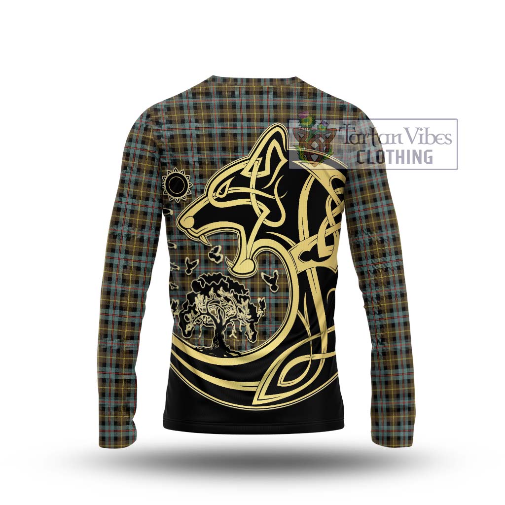 Tartan Vibes Clothing Farquharson Weathered Tartan Long Sleeve T-Shirt with Family Crest Celtic Wolf Style