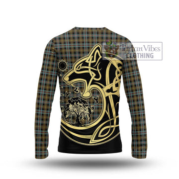 Farquharson Weathered Tartan Long Sleeve T-Shirt with Family Crest Celtic Wolf Style