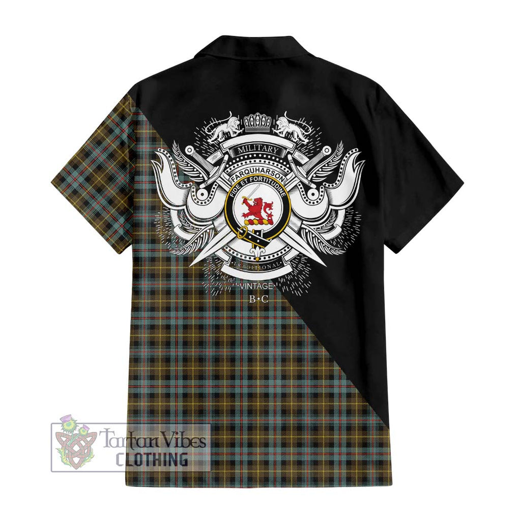 Farquharson Weathered Tartan Short Sleeve Button Shirt with Family Crest and Military Logo Style - Tartanvibesclothing Shop