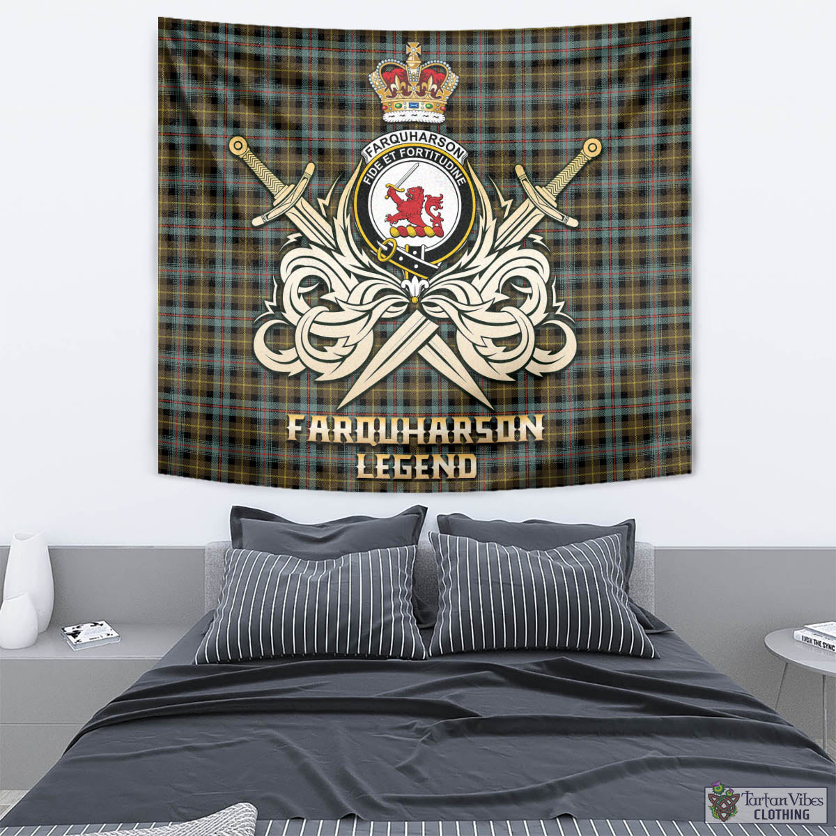 Tartan Vibes Clothing Farquharson Weathered Tartan Tapestry with Clan Crest and the Golden Sword of Courageous Legacy