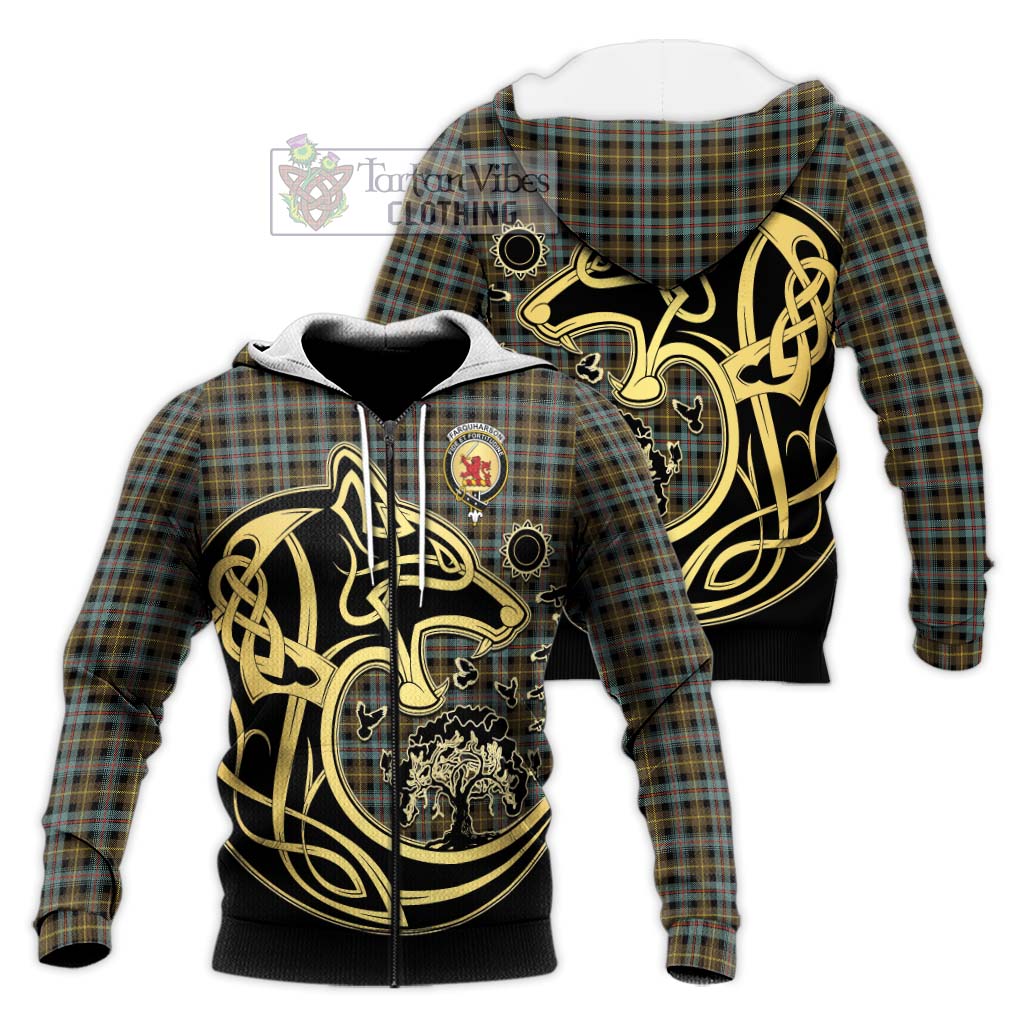 Tartan Vibes Clothing Farquharson Weathered Tartan Knitted Hoodie with Family Crest Celtic Wolf Style