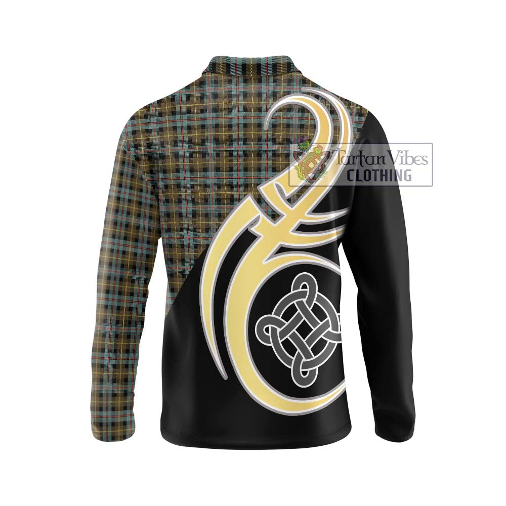 Farquharson Weathered Tartan Long Sleeve Polo Shirt with Family Crest and Celtic Symbol Style - Tartan Vibes Clothing