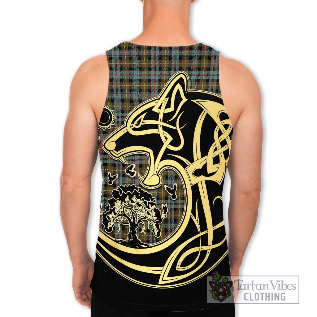 Tartan Vibes Clothing Farquharson Weathered Tartan Men's Tank Top with Family Crest Celtic Wolf Style
