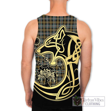 Farquharson Weathered Tartan Men's Tank Top with Family Crest Celtic Wolf Style