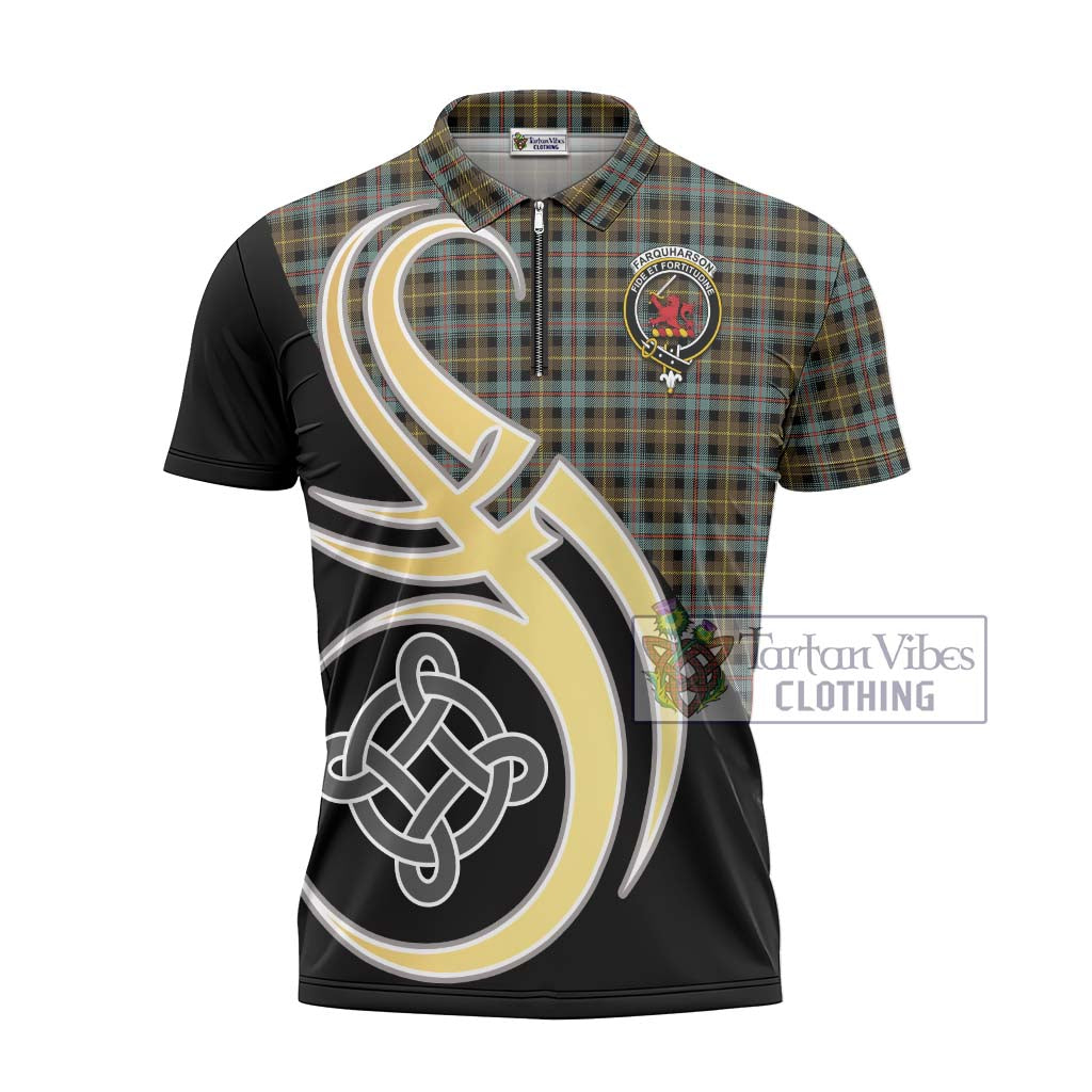 Tartan Vibes Clothing Farquharson Weathered Tartan Zipper Polo Shirt with Family Crest and Celtic Symbol Style