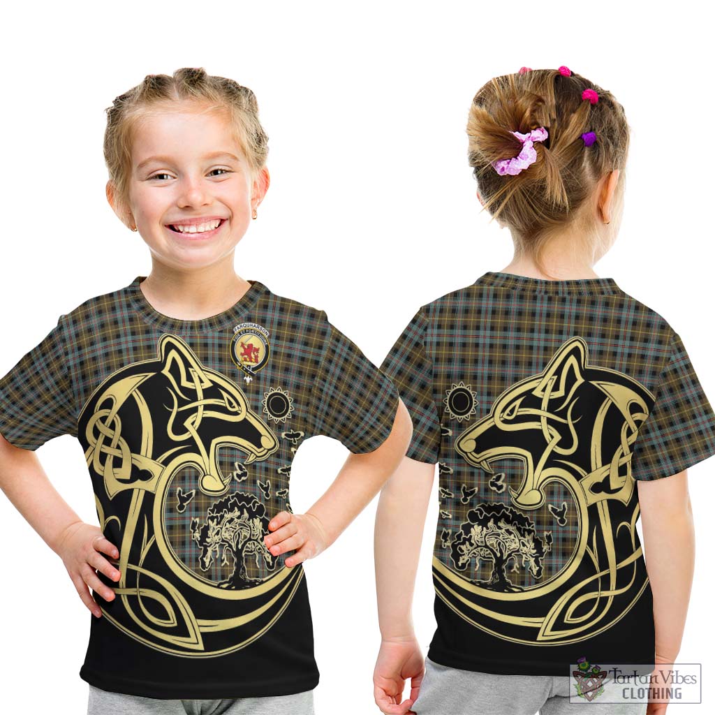 Tartan Vibes Clothing Farquharson Weathered Tartan Kid T-Shirt with Family Crest Celtic Wolf Style