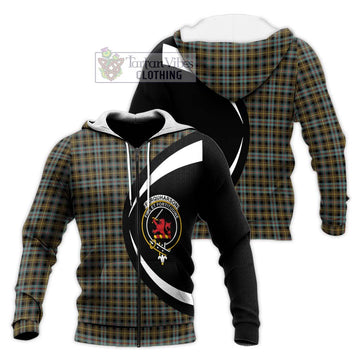 Farquharson Weathered Tartan Knitted Hoodie with Family Crest Circle Style