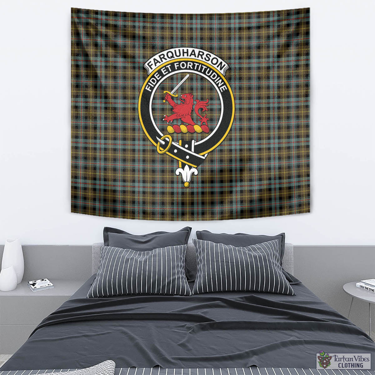 Tartan Vibes Clothing Farquharson Weathered Tartan Tapestry Wall Hanging and Home Decor for Room with Family Crest