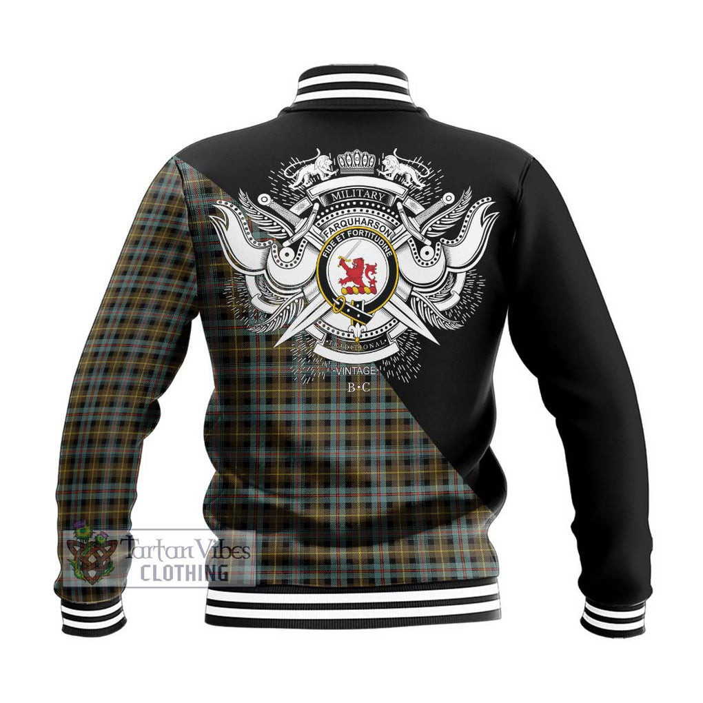 Farquharson Weathered Tartan Baseball Jacket with Family Crest and Military Logo Style - Tartanvibesclothing Shop