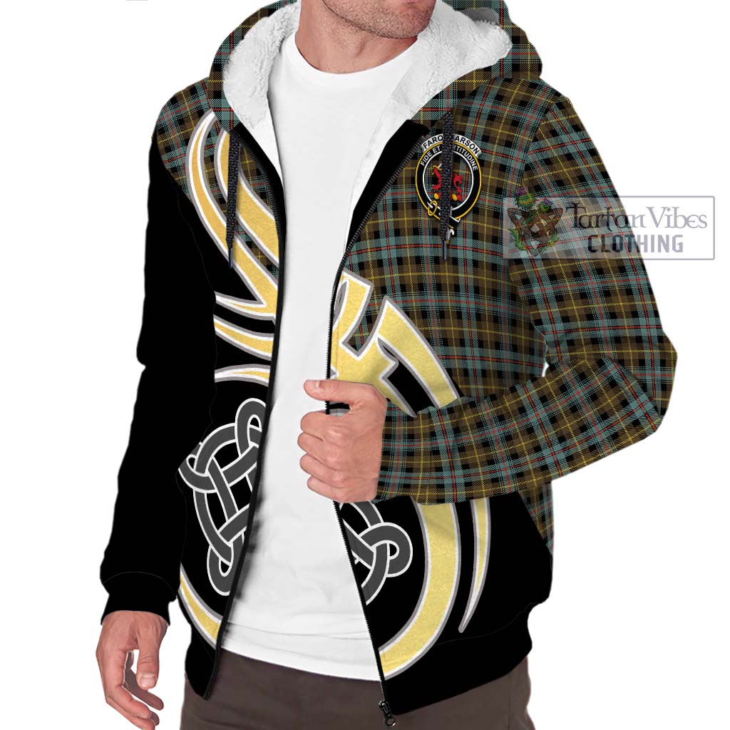 Farquharson Weathered Tartan Sherpa Hoodie with Family Crest and Celtic Symbol Style - Tartan Vibes Clothing