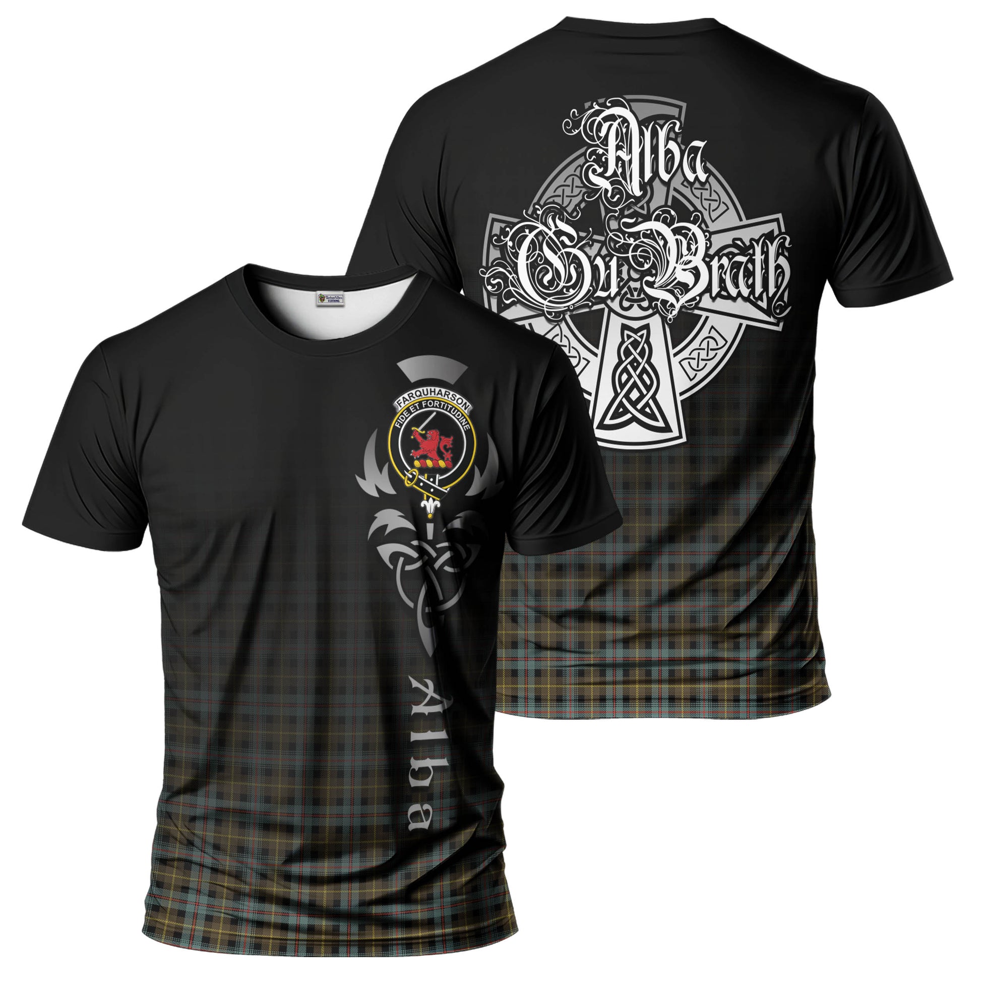 Tartan Vibes Clothing Farquharson Weathered Tartan T-Shirt Featuring Alba Gu Brath Family Crest Celtic Inspired