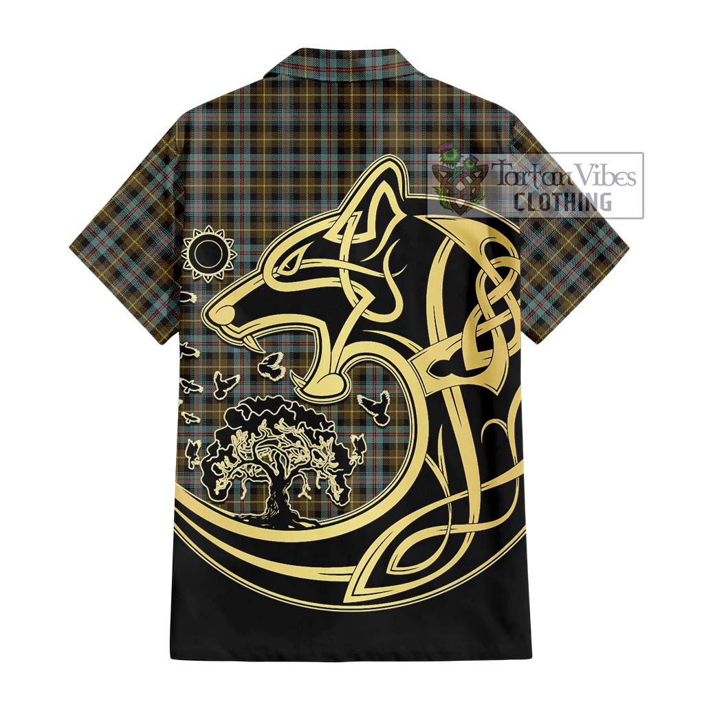 Tartan Vibes Clothing Farquharson Weathered Tartan Short Sleeve Button Shirt with Family Crest Celtic Wolf Style