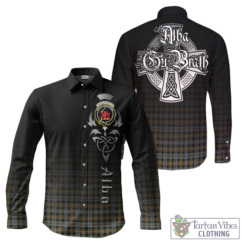 Tartan Vibes Clothing Farquharson Weathered Tartan Long Sleeve Button Up Featuring Alba Gu Brath Family Crest Celtic Inspired