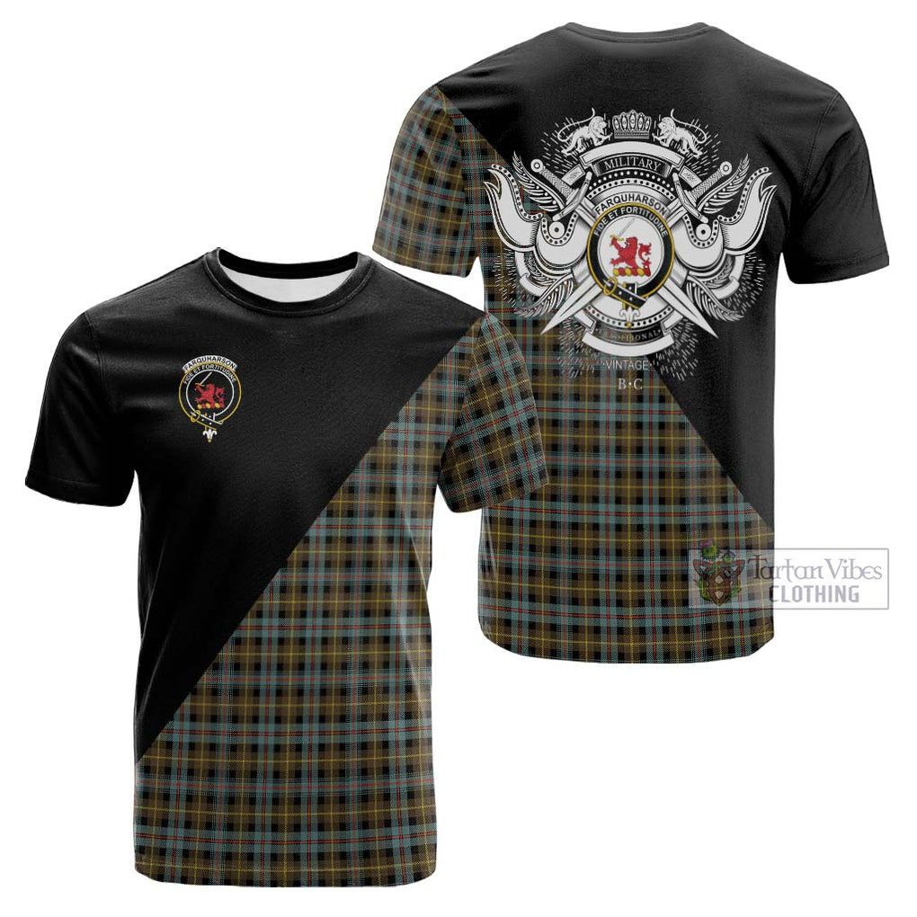 Tartan Vibes Clothing Farquharson Weathered Tartan Cotton T-shirt with Family Crest and Military Logo Style