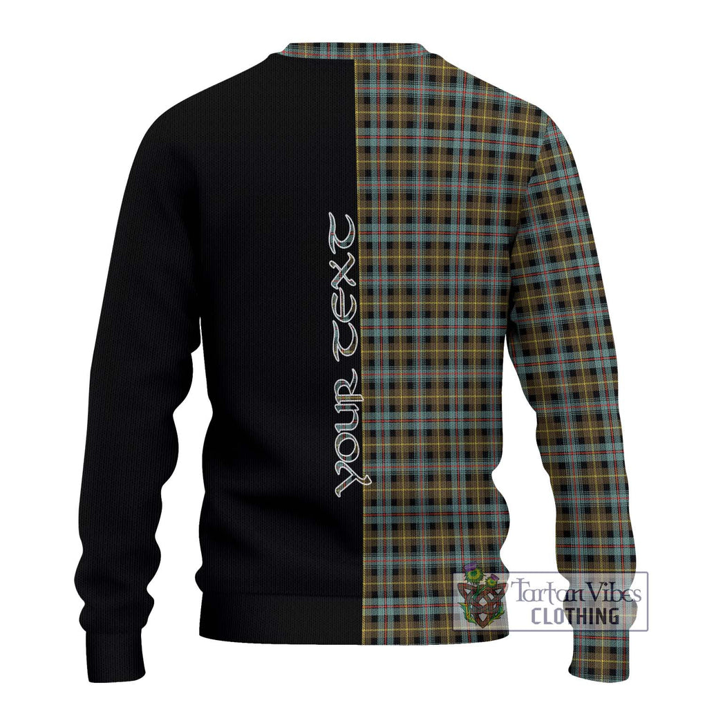 Farquharson Weathered Tartan Knitted Sweater with Family Crest and Half Of Me Style - Tartanvibesclothing Shop