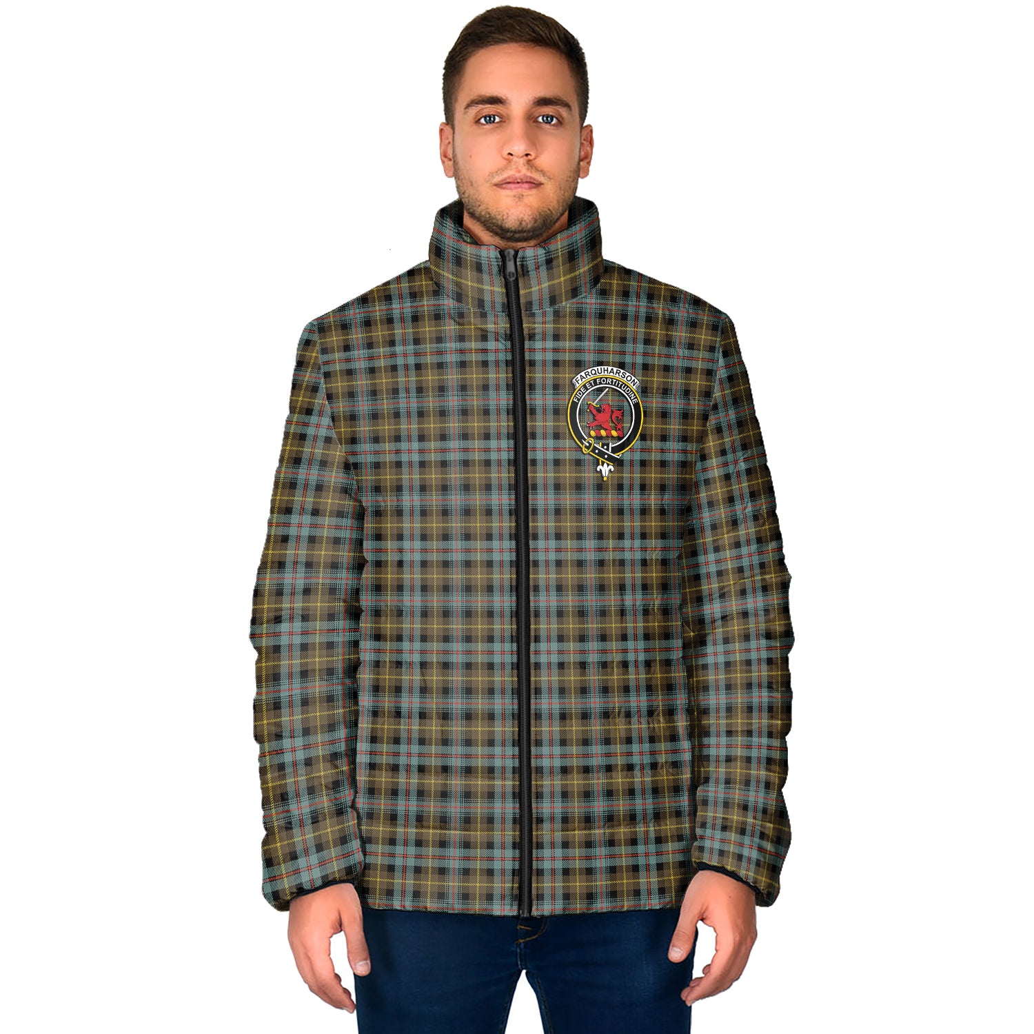 Farquharson Weathered Tartan Padded Jacket with Family Crest - Tartan Vibes Clothing