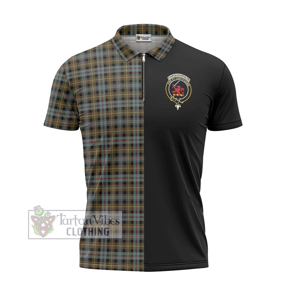 Farquharson Weathered Tartan Zipper Polo Shirt with Family Crest and Half Of Me Style - Tartanvibesclothing Shop