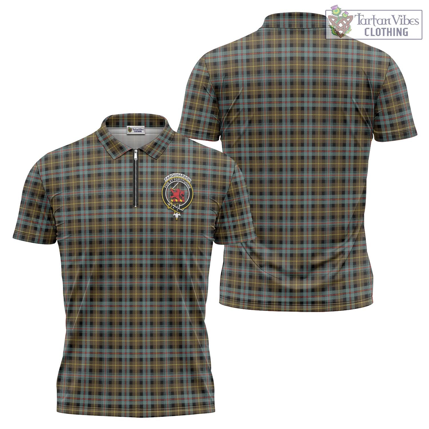 Tartan Vibes Clothing Farquharson Weathered Tartan Zipper Polo Shirt with Family Crest