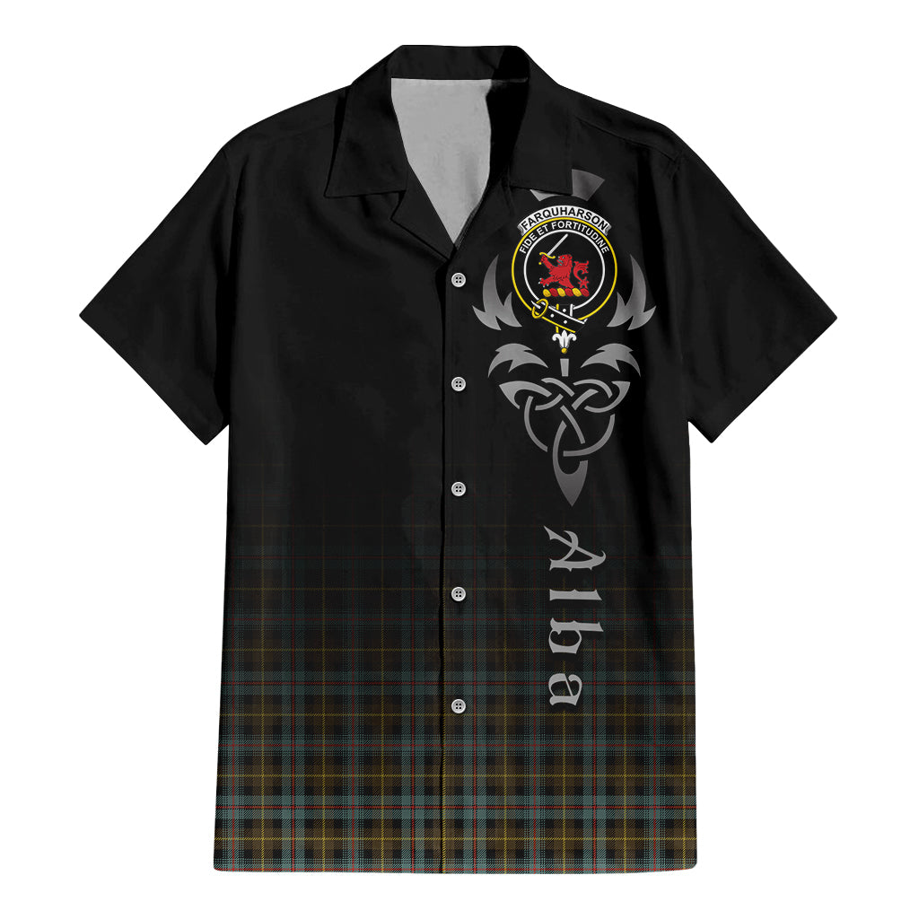 Tartan Vibes Clothing Farquharson Weathered Tartan Short Sleeve Button Up Featuring Alba Gu Brath Family Crest Celtic Inspired