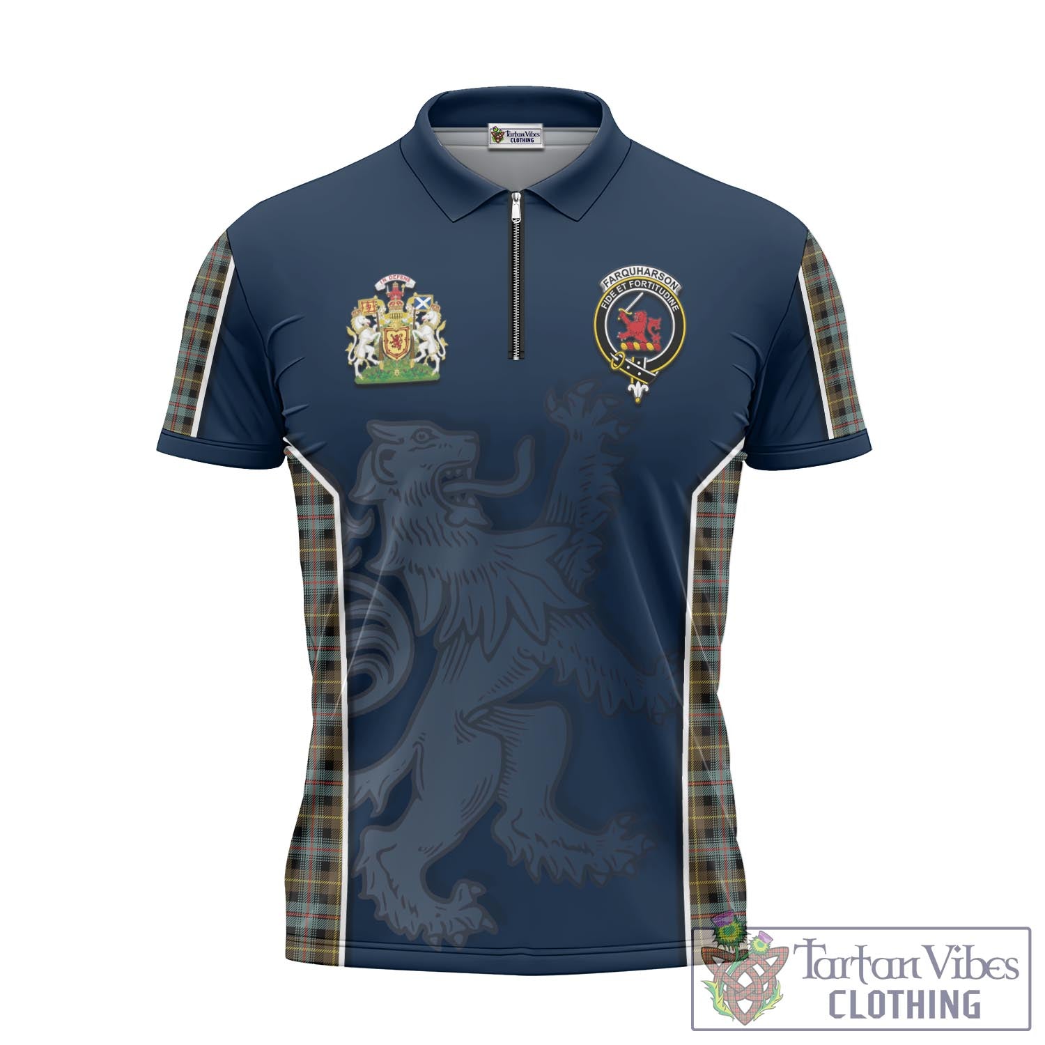 Tartan Vibes Clothing Farquharson Weathered Tartan Zipper Polo Shirt with Family Crest and Lion Rampant Vibes Sport Style