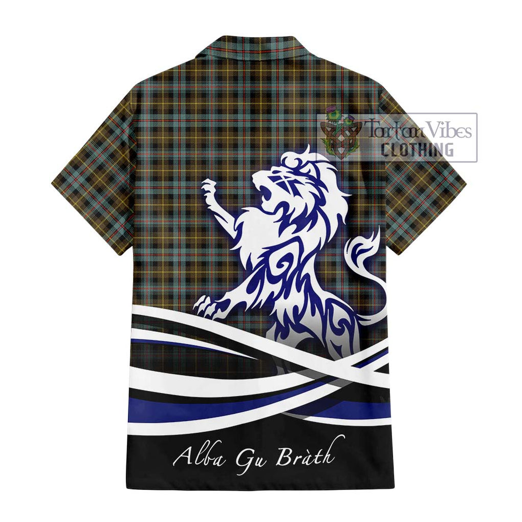 Farquharson Weathered Tartan Short Sleeve Button Shirt with Alba Gu Brath Regal Lion Emblem - Tartanvibesclothing Shop